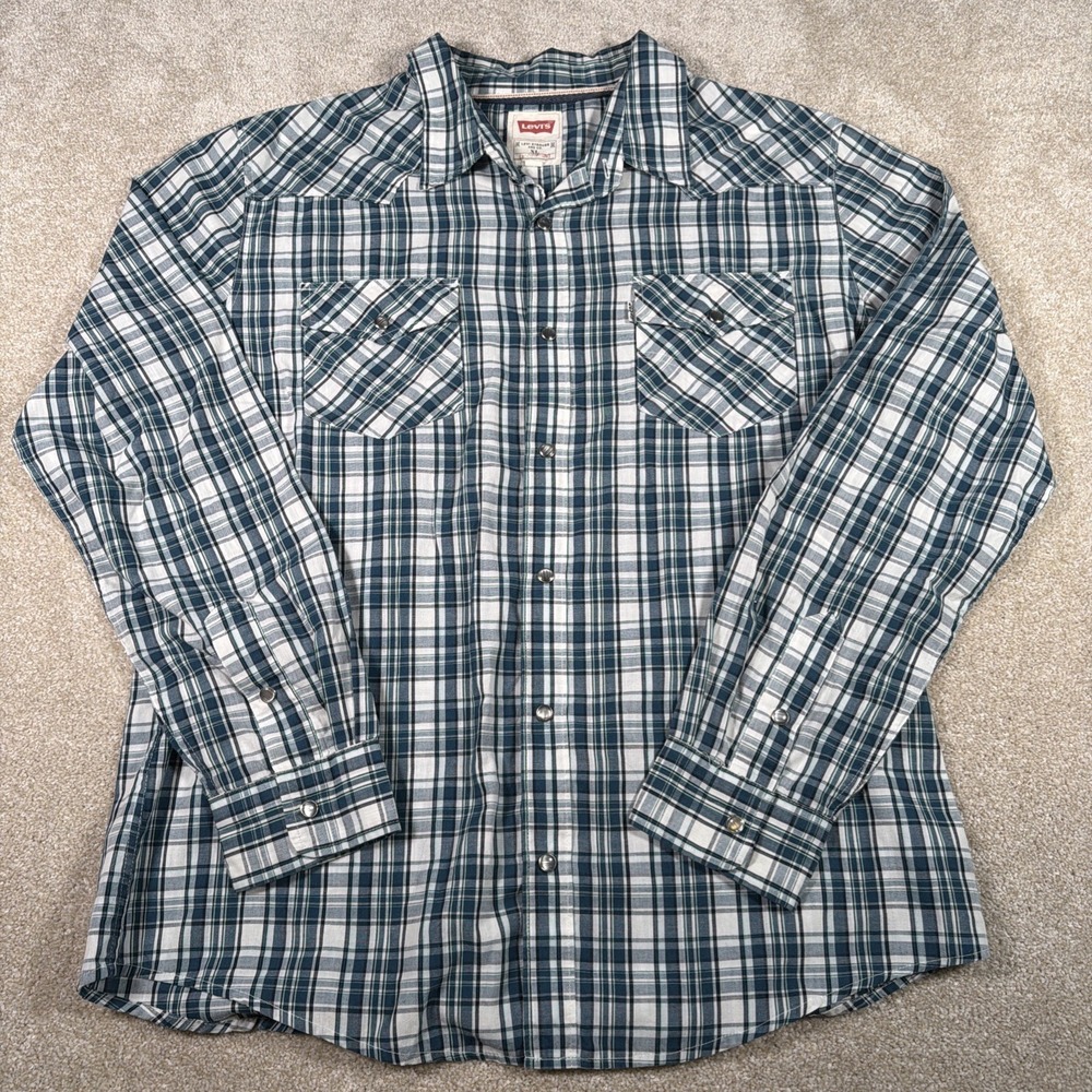 Levis Long Sleeve Pearl Snap Shirt Mens XL Plaid Western Cowboy Ranch